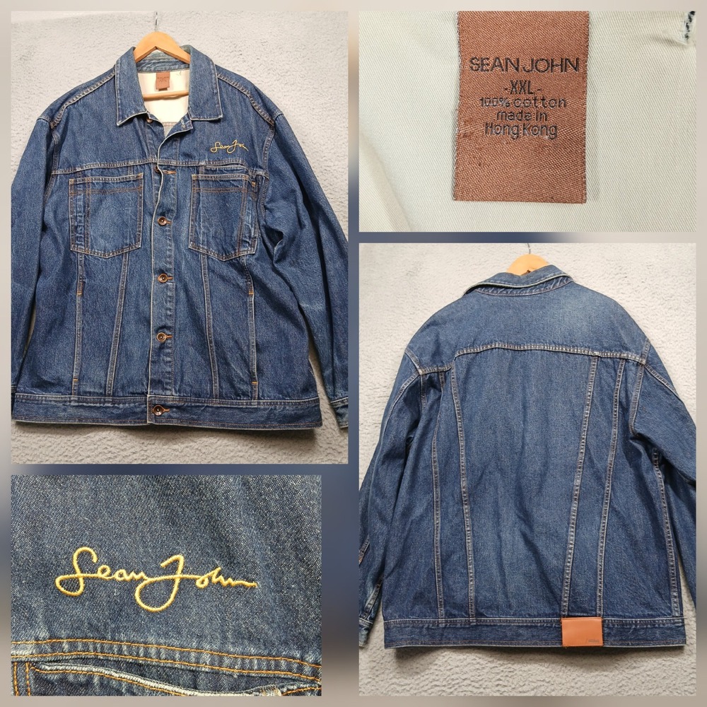 Sean John Denim Jacket Men's XXL Blue Jean Trucker Embroidered Made in Hong Kong